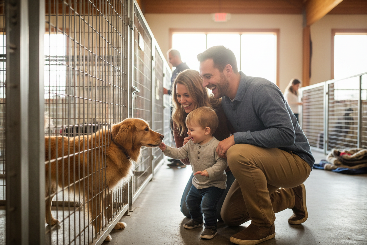 A happy family kneeling down and joyfully meeting a rescue dog at a pet shelter, with warm natural lighting and an emotional, heartwarming atmosphere.