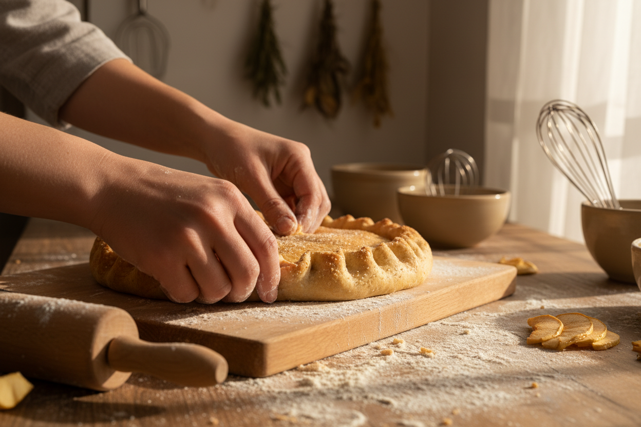 Hands crimping a homemade apple pie crust on a flour-dusted wooden surface, a perfect baking moment for National Apple Pie Day