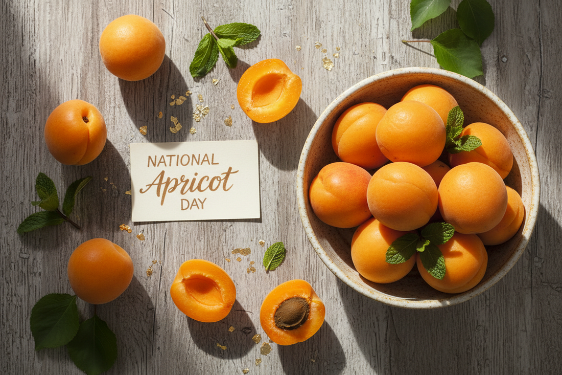National Apricot Day flat lay with fresh ripe apricots and golden-orange fruit