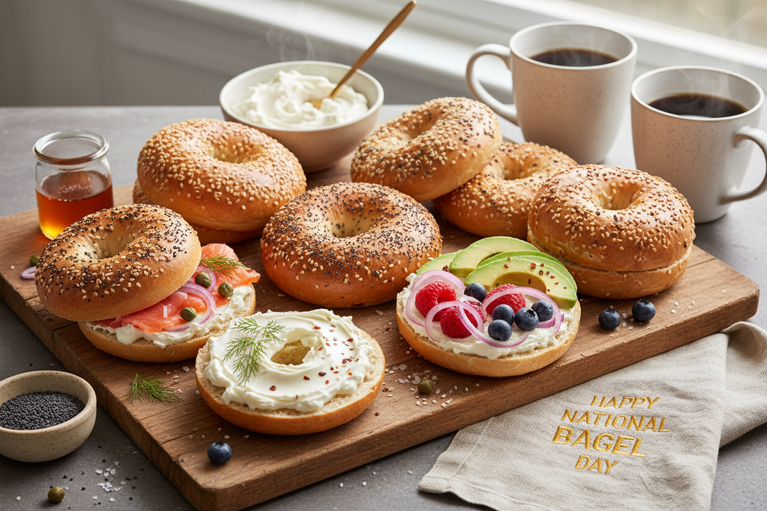 National Bagel Day celebration with freshly baked bagels, cream cheese, and breakfast toppings