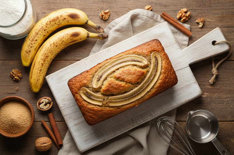 Natioanal Banana Bread Day  freshly baked banana bread with ripe bananas and baking ingredients on a wooden board