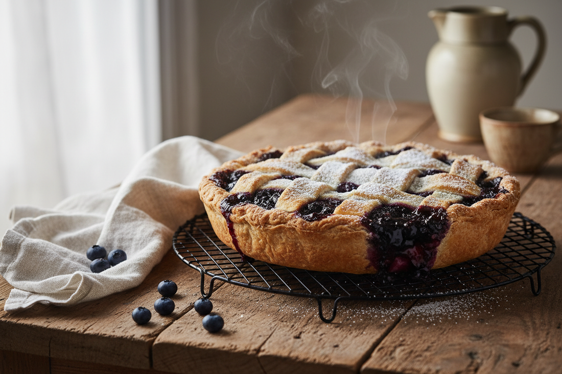 A freshly baked blueberry pie with a golden lattice crust cooling on a wire rack, with vibrant blueberry filling bubbling through, styled on a rustic wooden table.