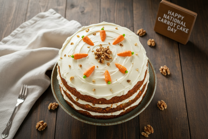 Whole homemade carrot cake with cream cheese frosting photographed from above for National Carrot Cake Day celebration
