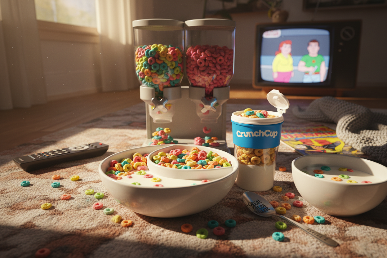 Nostalgic scene with anti-soggy cereal bowl, CrunchCup, cereal dispenser, and colorful cereal for National Cereal Day"