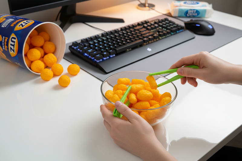 Clean desk with hands using finger chopsticks to eat cheese puffs, keyboard, Utz barrel, and wipes for Cheese Doodle Day