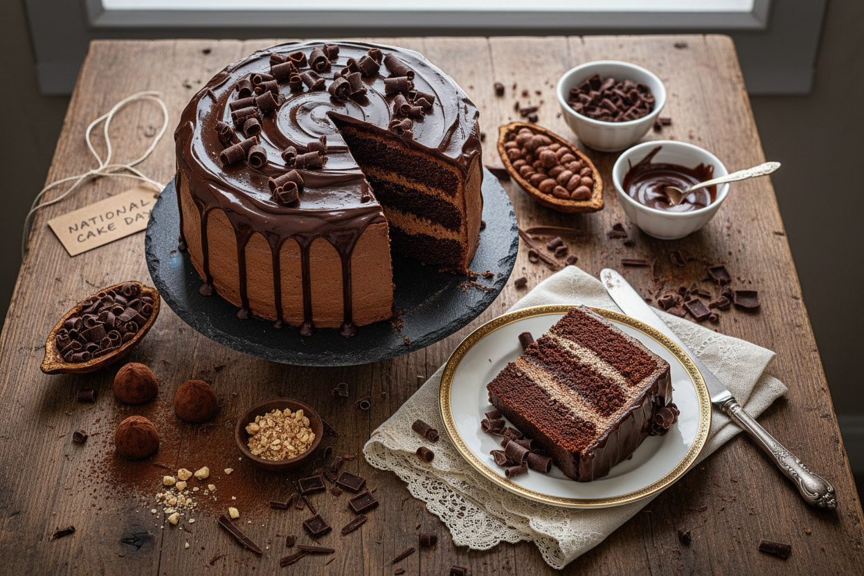 National Chocolate Cake Day flat lay with decadent chocolate layer cake and glossy frosting