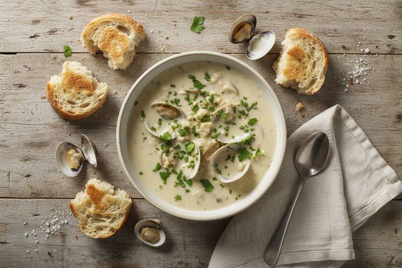 Flat lay of creamy clam chowder bowl with fresh herbs and rustic bread from overhead view