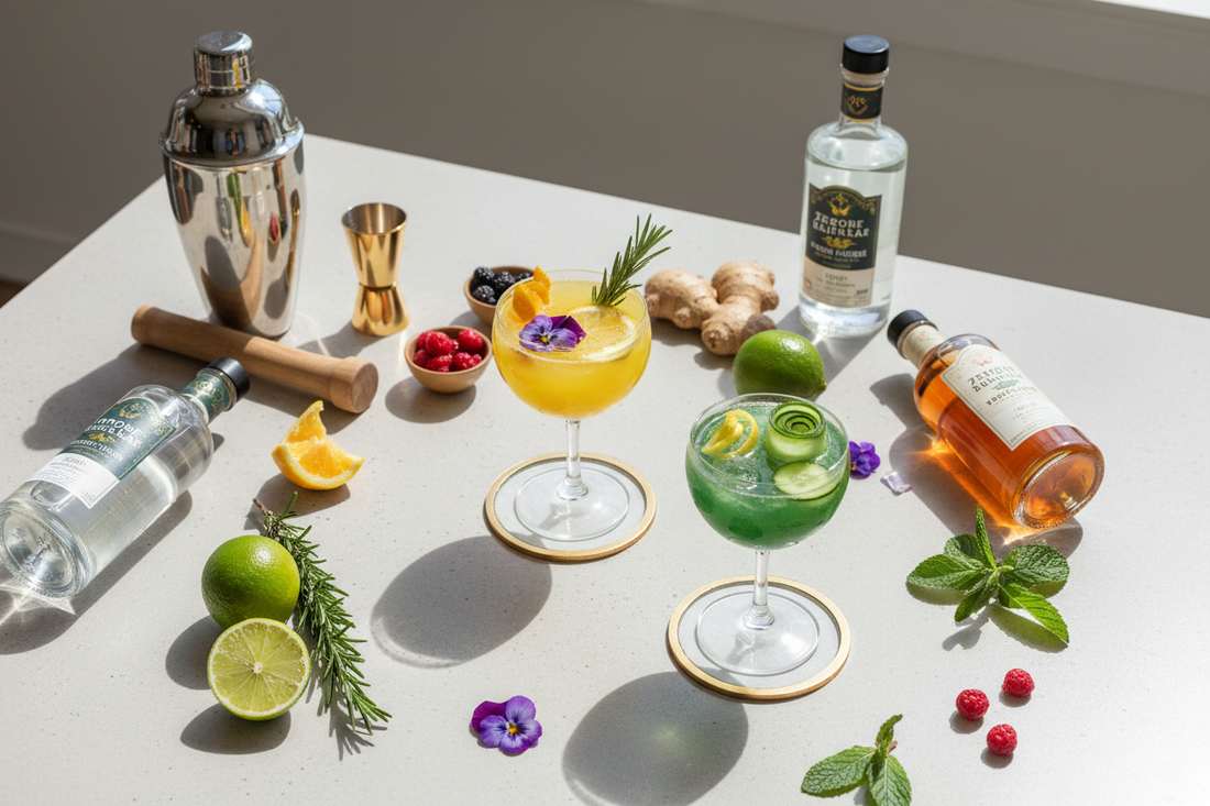 Elegant overhead flat-lay of mocktails with fresh garnishes, cocktail shaker, and zero-proof spirits for National Cocktail Day