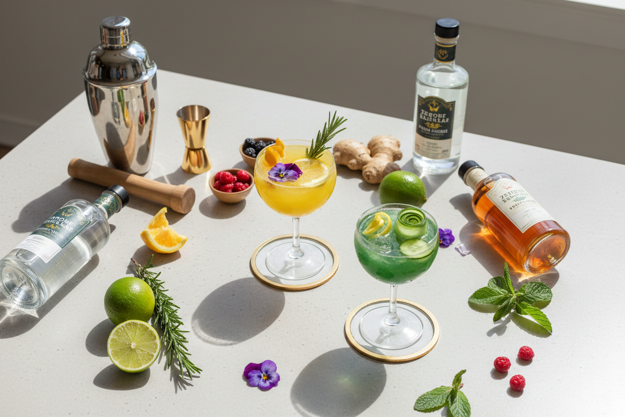 Elegant overhead flat-lay of mocktails with fresh garnishes, cocktail shaker, and zero-proof spirits for National Cocktail Day
