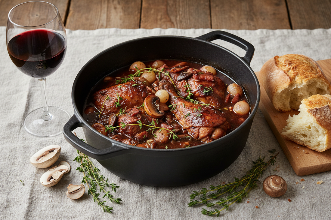 A rustic cast iron Dutch oven filled with rich Coq Au Vin, surrounded by fresh thyme, pearl onions, mushrooms, and a glass of red wine on a linen-draped wooden table.