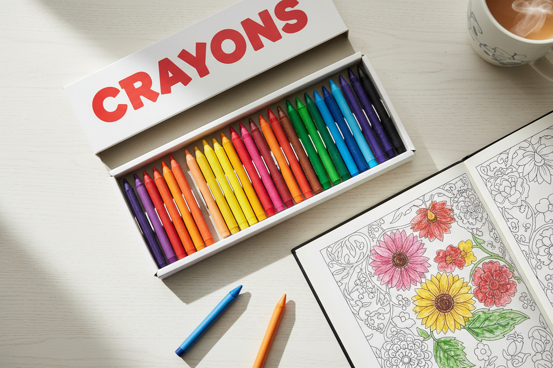 Overhead view of colorful crayons and adult coloring book on white surface for National Crayon Day celebration