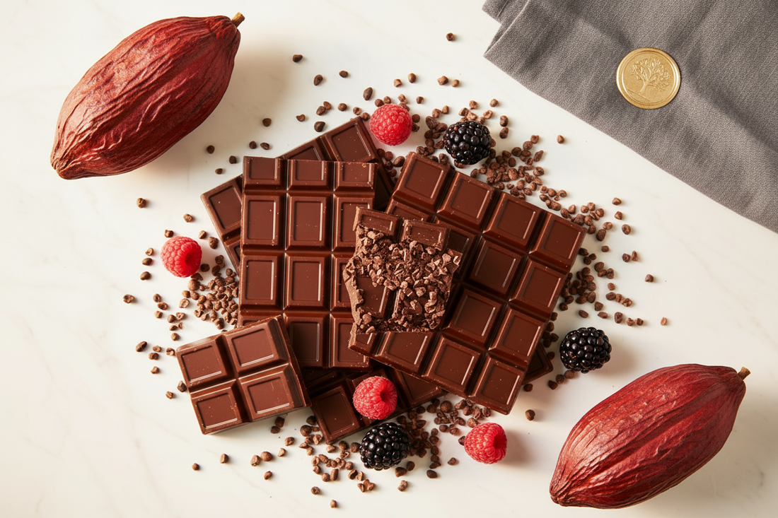 Premium dark chocolate bars and pieces artfully arranged with cocoa nibs and berries for National Dark Chocolate Day celebration