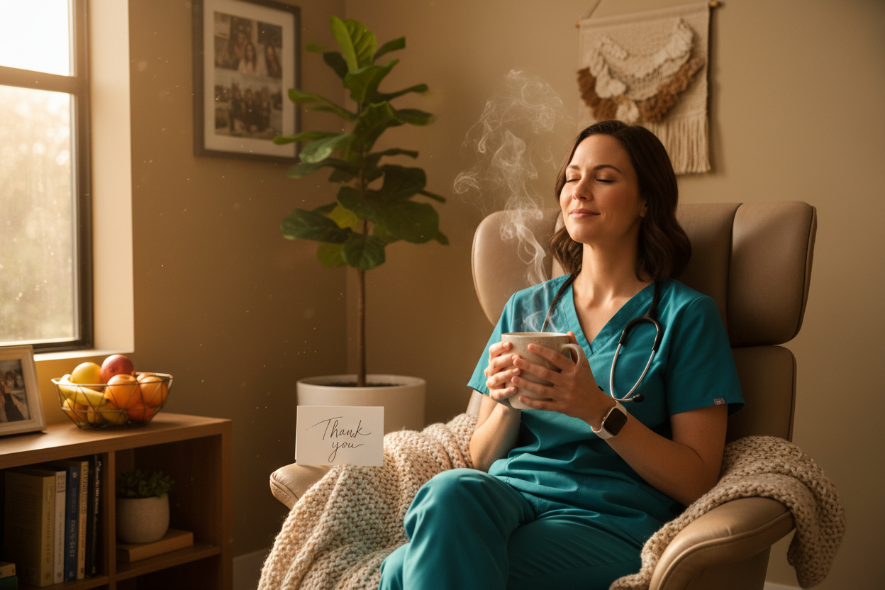 Healthcare worker in scrubs taking a peaceful coffee break for National Doctor's Day celebration