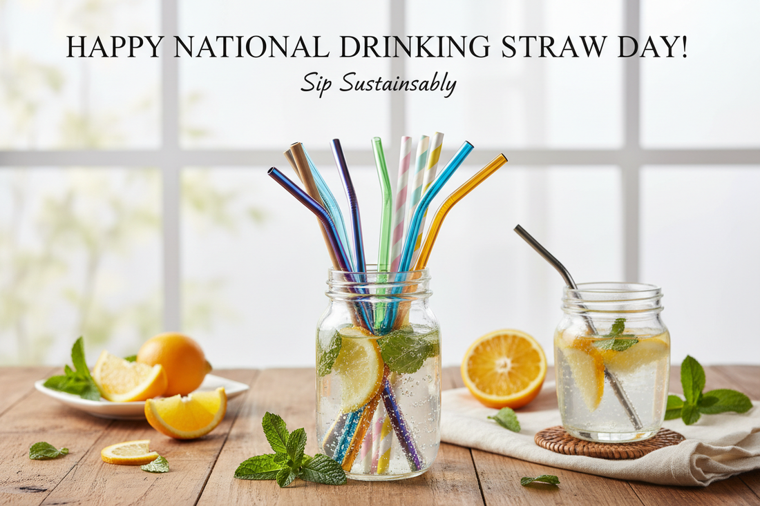National Drinking Straw Day celebration with colorful reusable eco-friendly straws in refreshing beverage