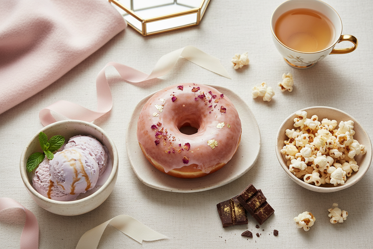 A luxurious flat-lay of indulgent treats including a glazed donut, artisan ice cream, popcorn, and dark chocolate on a soft linen surface with blush and gold accents — celebrating National Eat What You Want Day on May 11.