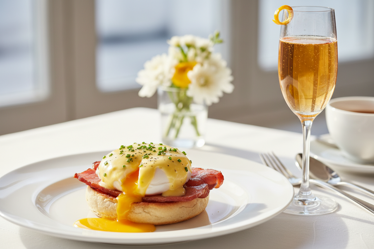 A perfectly assembled Eggs Benedict on a white plate, cut open to reveal a golden running yolk, served alongside a sparkling mimosa for a luxurious brunch celebration on National Eggs Benedict Day.