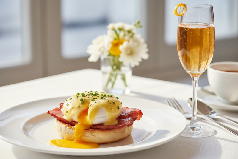 A perfectly assembled Eggs Benedict on a white plate, cut open to reveal a golden running yolk, served alongside a sparkling mimosa for a luxurious brunch celebration on National Eggs Benedict Day.