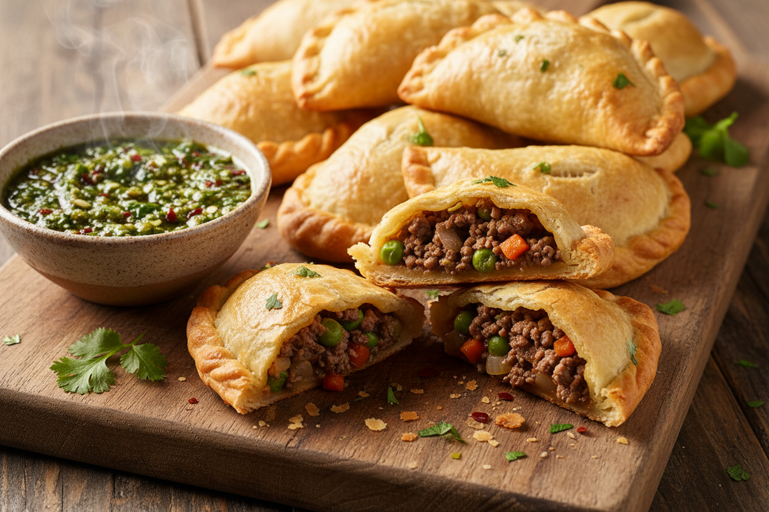 Golden brown baked empanadas on a rustic wooden board, some cut open to show savory filling, served with a bowl of chimichurri dipping sauce — celebrating National Empanada Day on April 8th