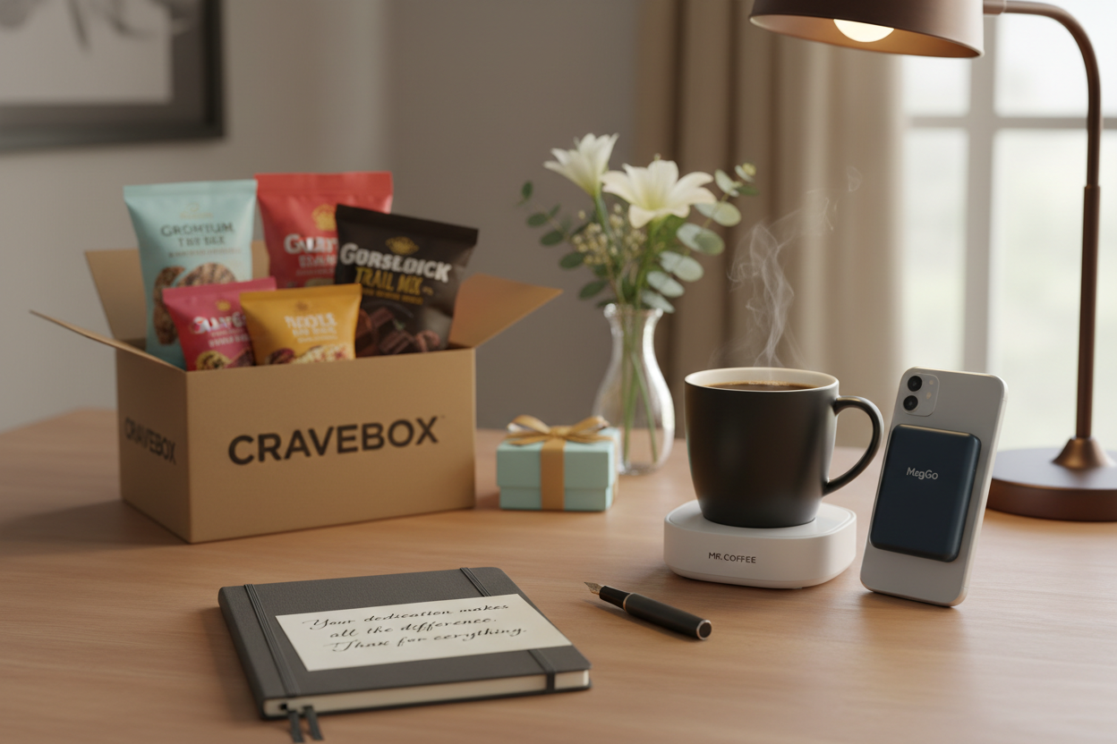 Professional desk with Moleskine notebook, mug warmer with coffee, phone charger, and thank-you note for Employee Appreciation Day