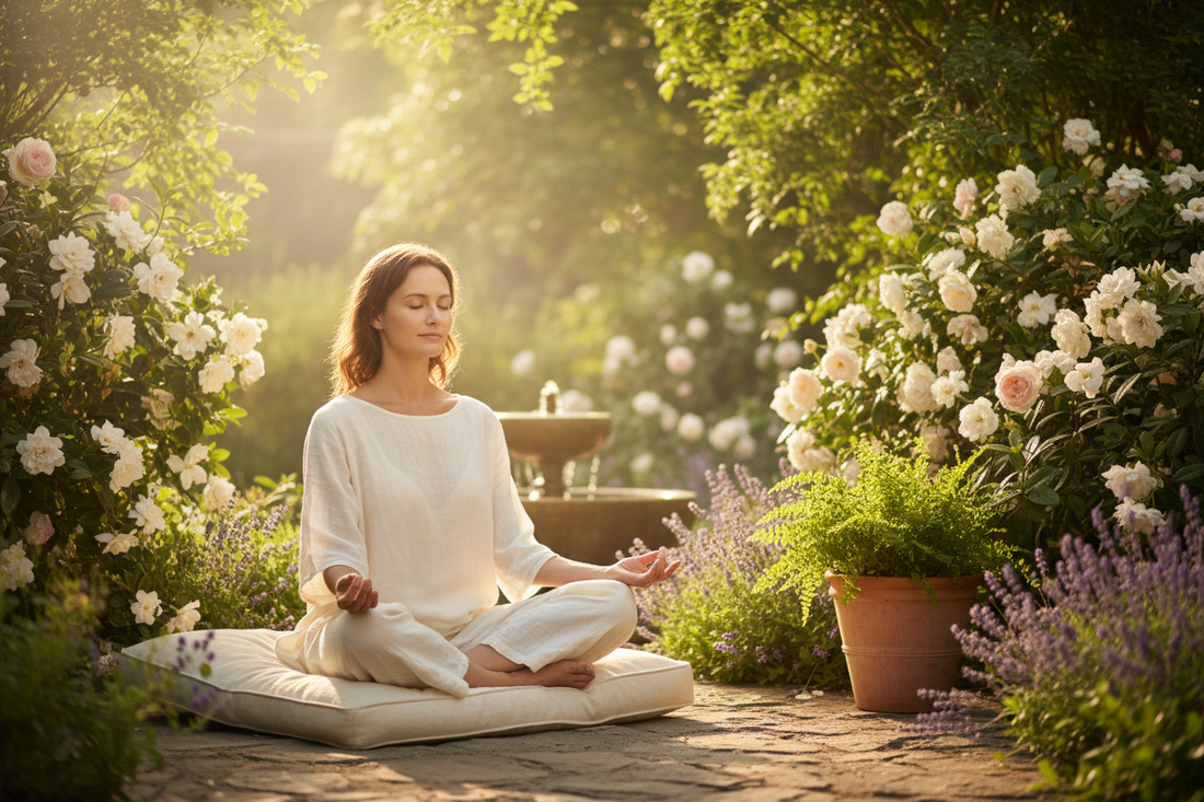 A person meditating outdoors on a cushion in a sun-drenched garden, surrounded by lush green foliage and blooming flowers, evoking calm and mindfulness for National Garden Meditation Day.
