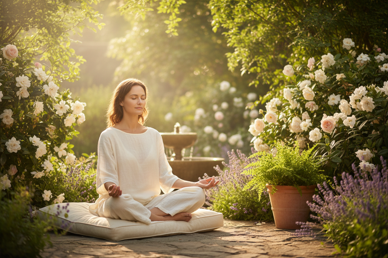 A person meditating outdoors on a cushion in a sun-drenched garden, surrounded by lush green foliage and blooming flowers, evoking calm and mindfulness for National Garden Meditation Day.