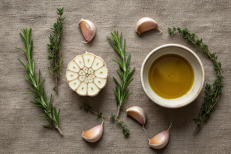 "Overhead flat lay of a halved head of garlic with fresh rosemary, thyme, and a bowl of golden olive oil on a rustic linen surface — celebrating National Garlic Day."