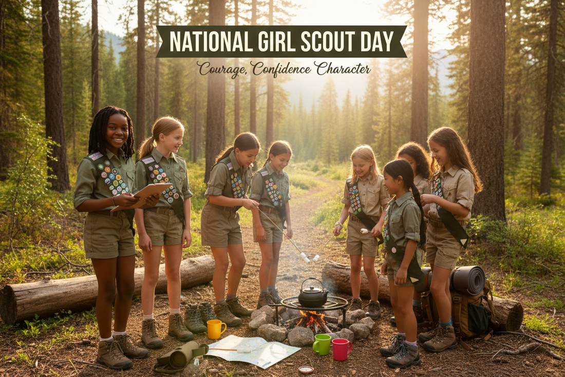 Diverse group of Girl Scouts in uniforms outdoors displaying leadership and confidence while participating in outdoor activities and entrepreneurship on National Girl Scout Day