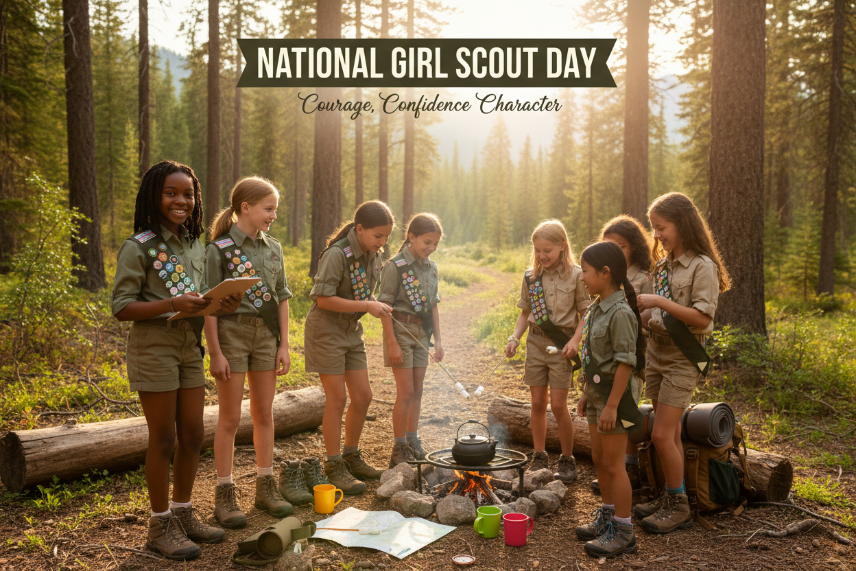 Diverse group of Girl Scouts in uniforms outdoors displaying leadership and confidence while participating in outdoor activities and entrepreneurship on National Girl Scout Day