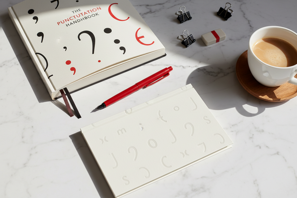Premium editorial flat lay of National Grammar Day essentials including red editing pens, illustrated style guide book, minimalist notebook, and coffee on white marble surface