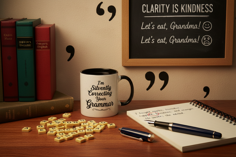 Witty desk scene with grammar mug, Bananagrams tiles, Dreyer's English book, and fountain pen for National Grammar Day