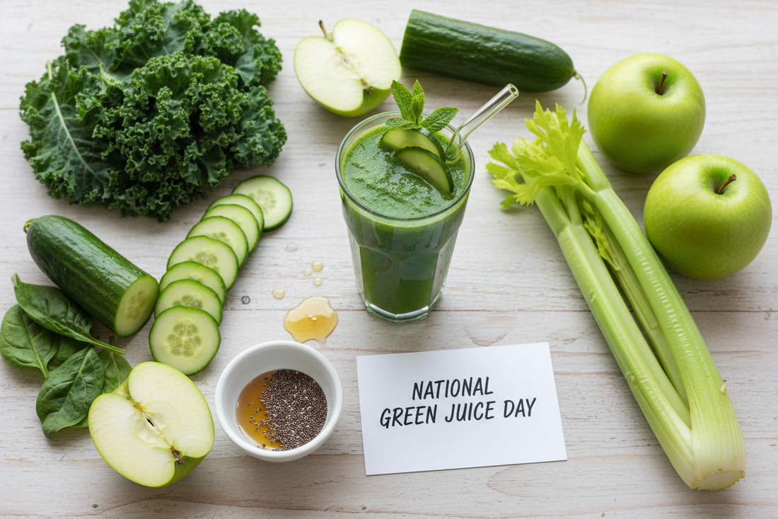 National Green Juice Day flat lay with fresh green juice and healthy leafy vegetables