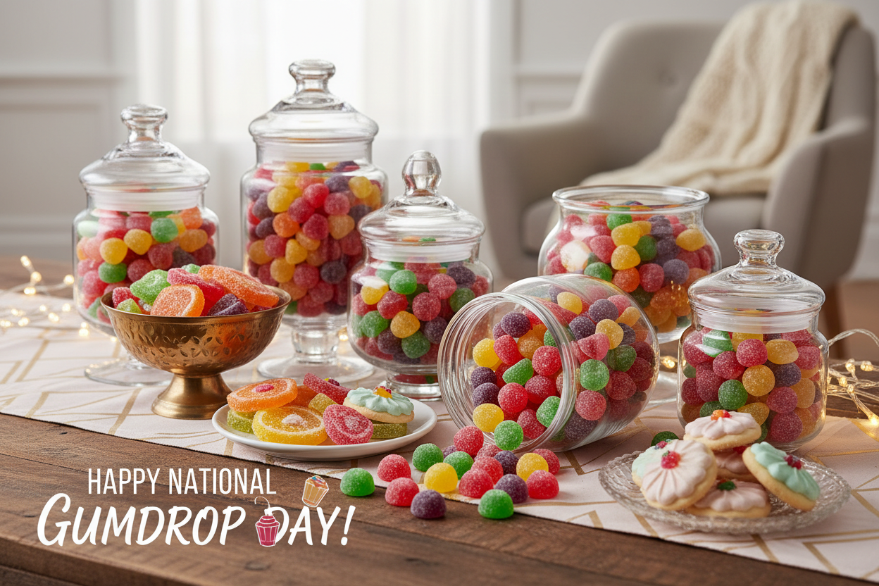 National Gumdrop Day celebration with colorful gumdrops in vibrant reds, oranges, yellows, greens, and purples arranged in a whimsical, nostalgic display