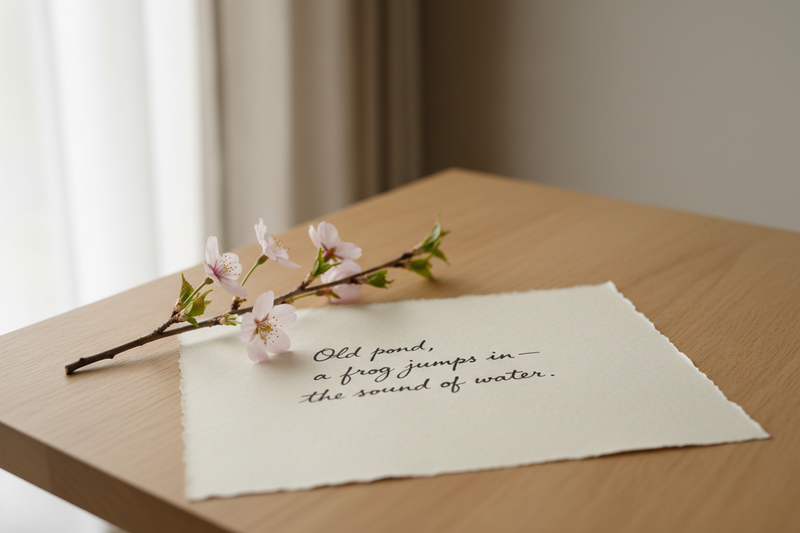 A handwritten haiku on cream paper beside a cherry blossom branch, bathed in soft natural light, evoking mindfulness and the art of poetry for National Haiku Poetry Day.