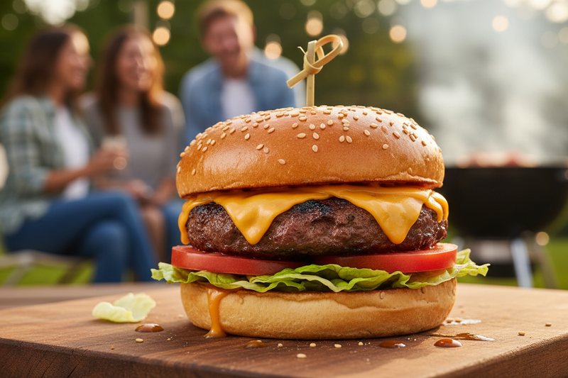 A perfectly grilled hamburger with melted cheddar cheese, fresh lettuce, and a toasted brioche bun on a rustic wooden board, styled for a summer backyard cookout.