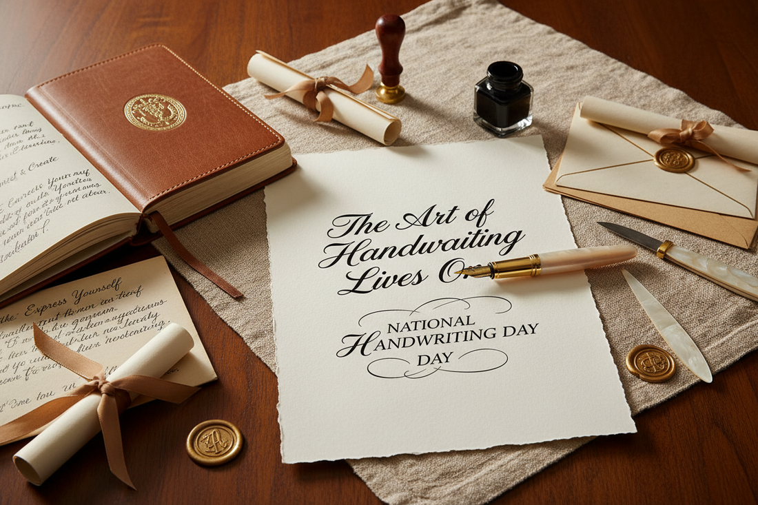 National Handwriting Day celebration with elegant fountain pen and beautiful cursive handwriting
