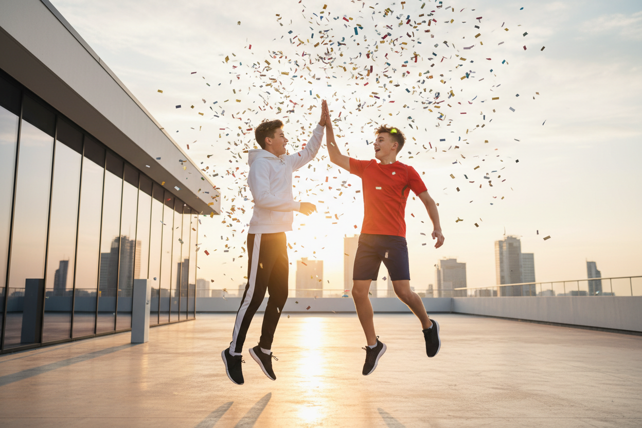 Two teenage boys in sporty outfits joyfully high-fiving to celebrate National High Five Day, with confetti and warm golden light