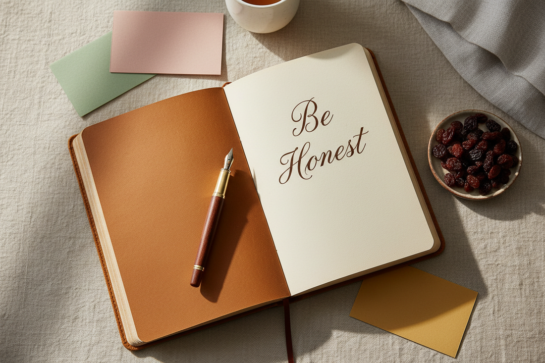 Open leather journal with 'Be Honest' written in handwriting, surrounded by colorful notecards and a pen on a linen surface — National Honesty Day celebration ideas.