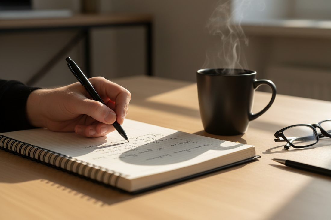 A hand writing notes in a reporter's notebook beside a steaming coffee cup on a wooden desk, representing National Hug a Newsperson Day."