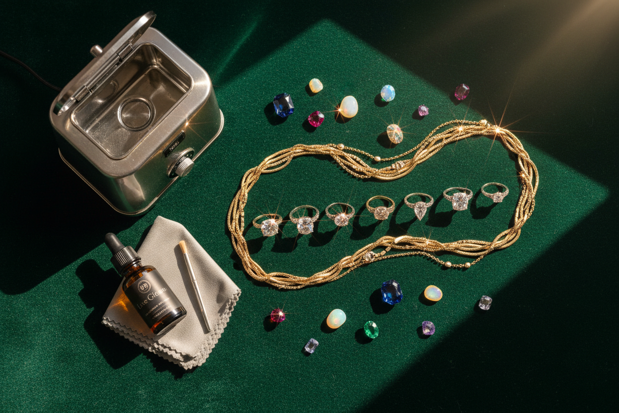 Sparkling diamond rings and gold necklaces arranged on velvet with jewelry cleaning tools for National Jewel Day