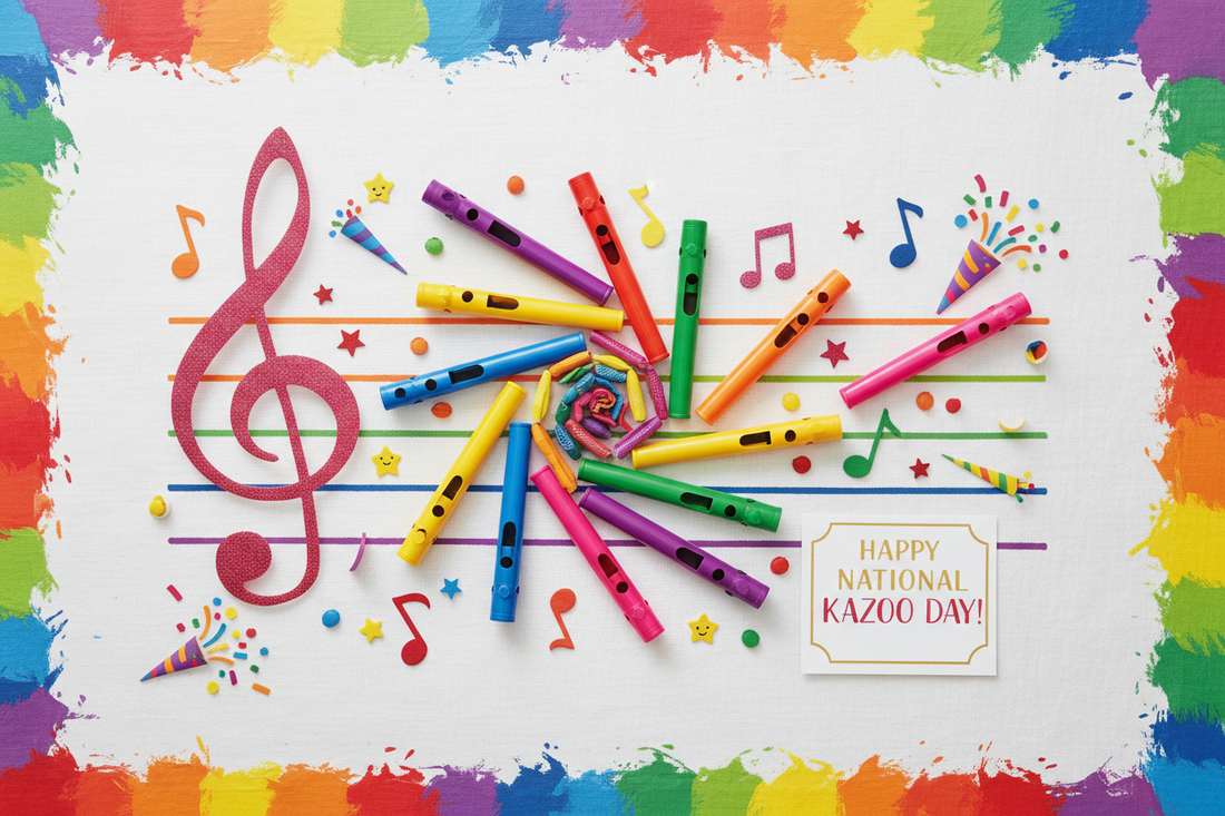 National Kazoo Day flat lay with colorful kazoos and playful musical elements
