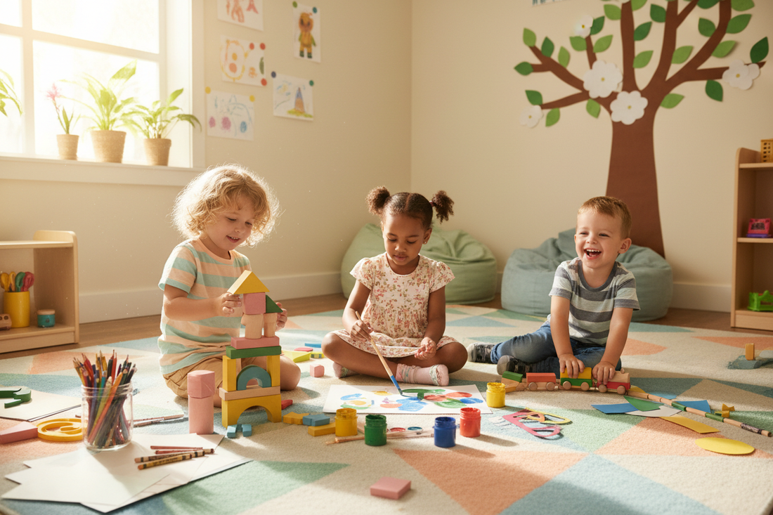 "Children playing with colorful wooden blocks and art supplies on a bright classroom rug, celebrating the joy of learning on National Kindergarten Day."