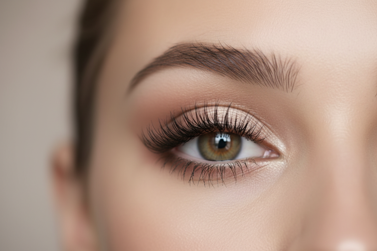 Close-up of beautiful long eyelashes with elegant eye makeup in soft natural lighting
