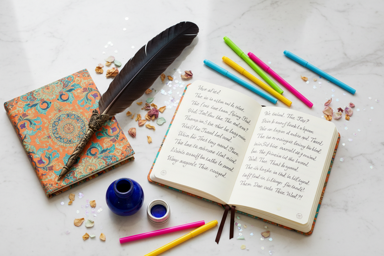 A flat lay of a vintage quill pen, colorful felt-tip pens, and an open notebook on a white marble surface, evoking the joy of writing and poetry for National Limerick Day.