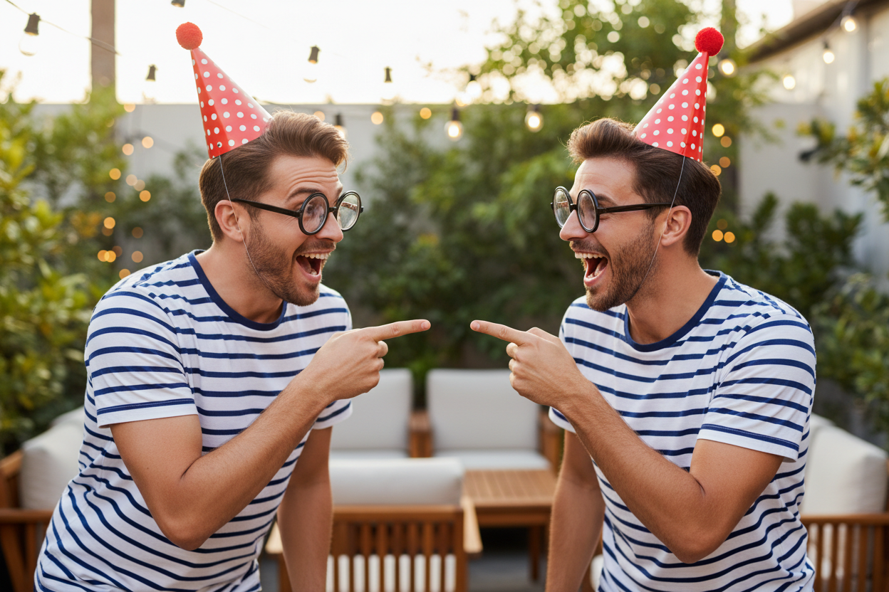Two friends dressed in matching striped shirts and round glasses laughing together in celebration of National Look Alike Day on April 20th.