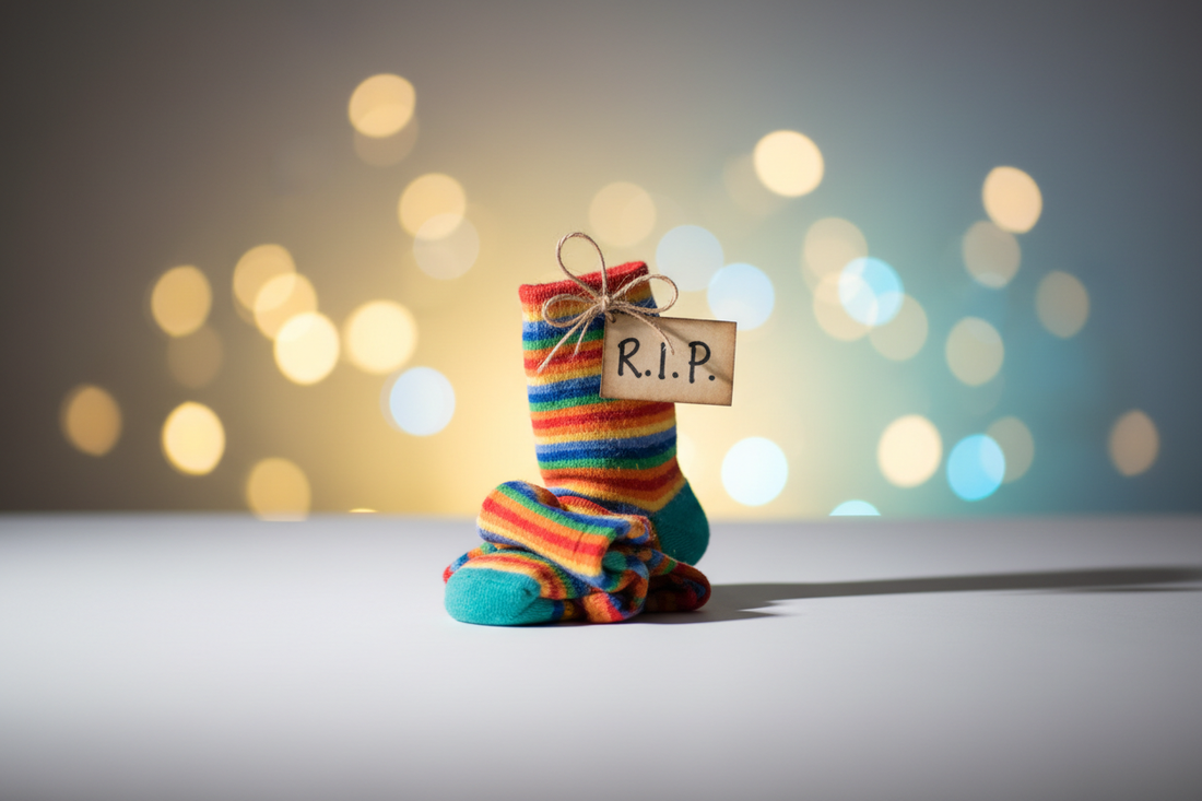 A single colorful sock sitting alone with a tiny 'RIP' tag, humorously memorializing lost socks on National Lost Sock Memorial Day, May 9th.