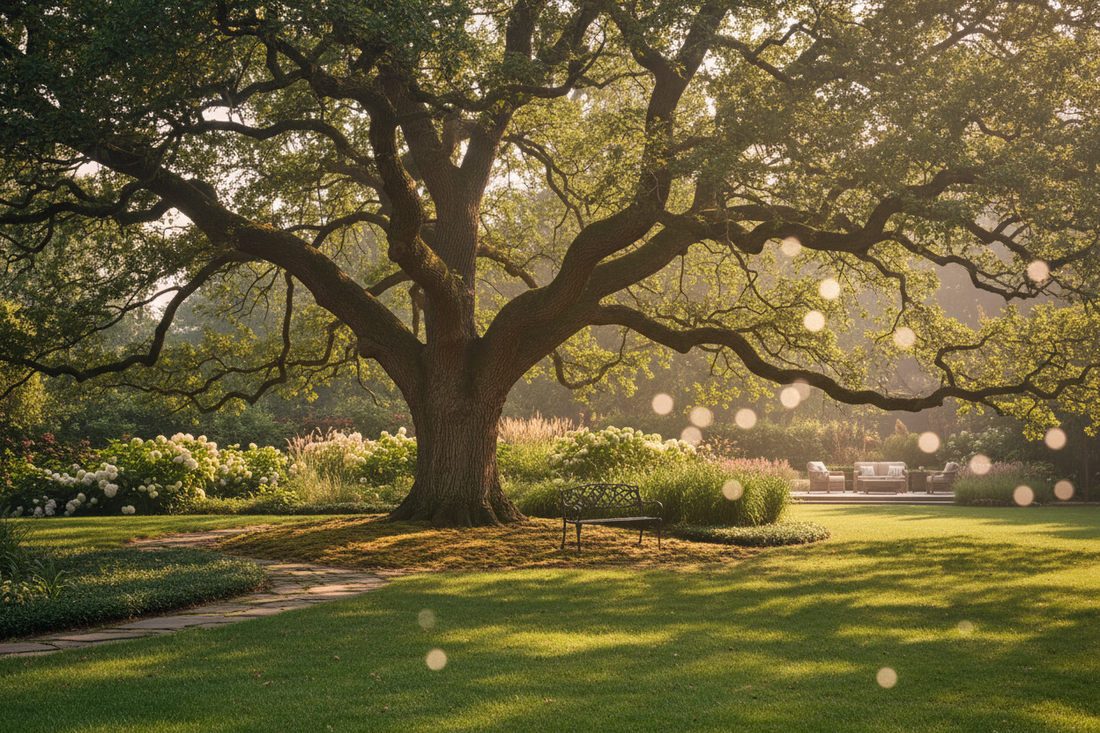 Sun-dappled mature oak tree in a lush backyard garden on National Love a Tree Day, May 16