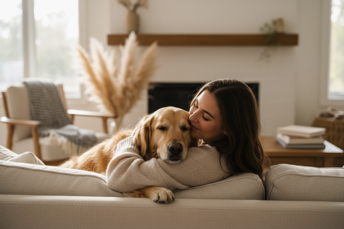 Person cuddling with their pet in a cozy home setting with warm natural lighting