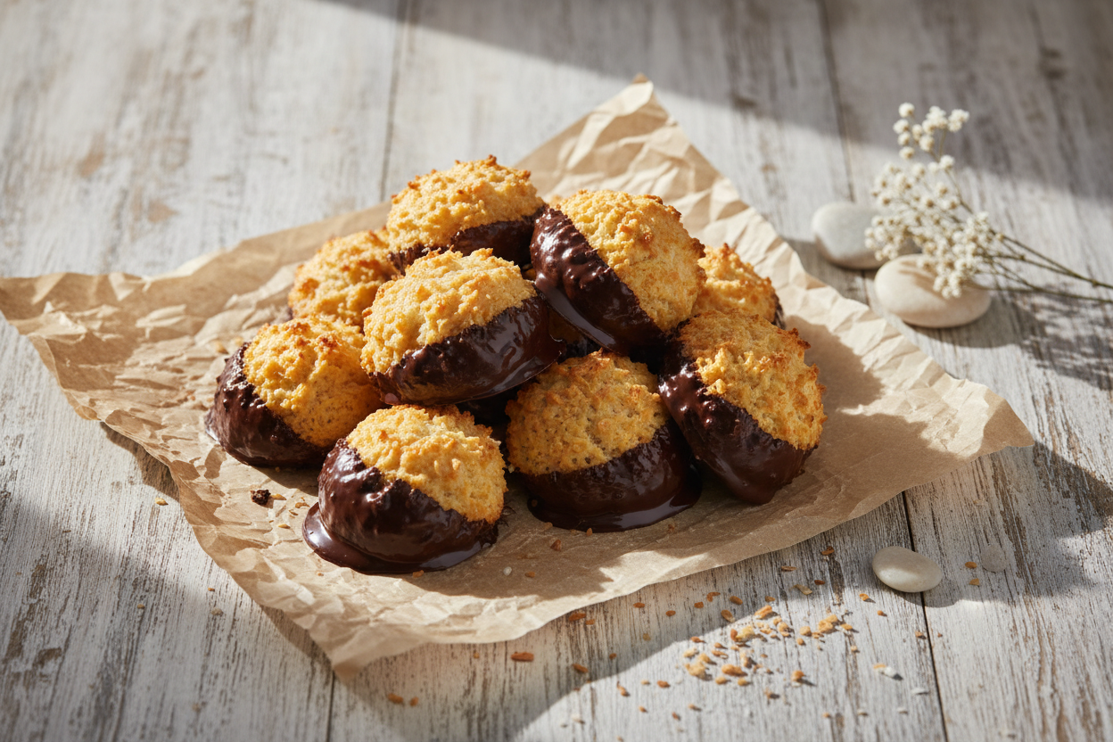 Golden-brown coconut macaroons, some dipped in dark chocolate, arranged on parchment paper for National Macaroon Day on May 31st.