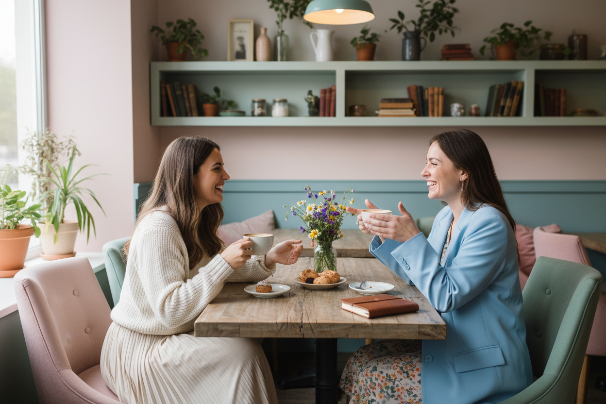Two women meeting for coffee and making friends on National Make a Friend Day, sharing warm conversation at cozy cafe table