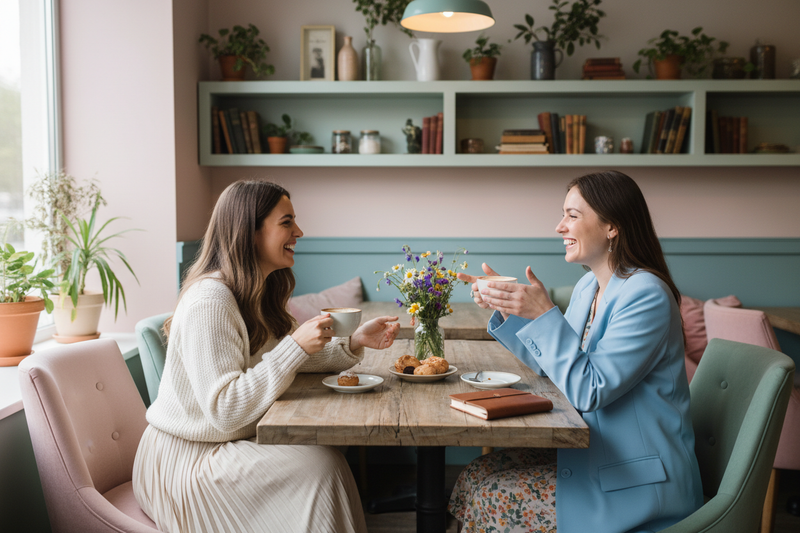 Two women meeting for coffee and making friends on National Make a Friend Day, sharing warm conversation at cozy cafe table